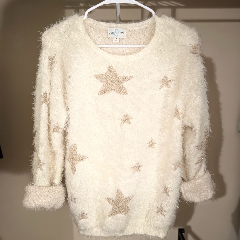 SOLD Off White Fuzzy Gold Star Sweater
